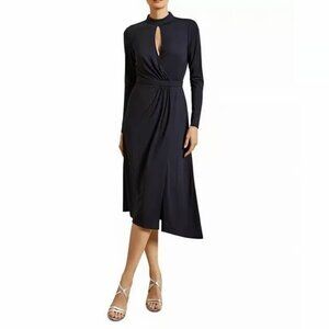 Ted Baker Astrrid Navy Blue Asymmetric Midi Dress Long Sleeve Keyhole Sz 1